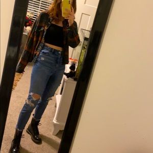 American Eagle cropped orange and green flannel